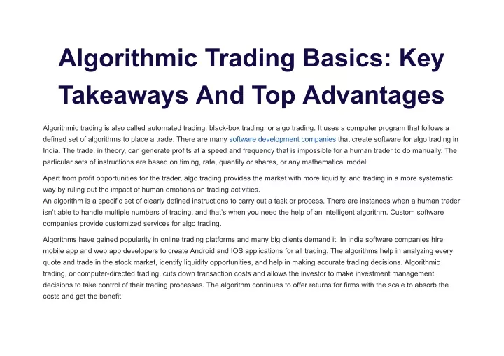 algorithmic trading basics key takeaways