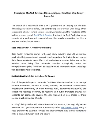 Importance Of A Well Developed Residential Area_ How Dosti West County Stands Out