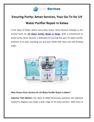 Ensuring Purity Aman Services, Your Go-To for UV Water Purifier Repair in Kalwa