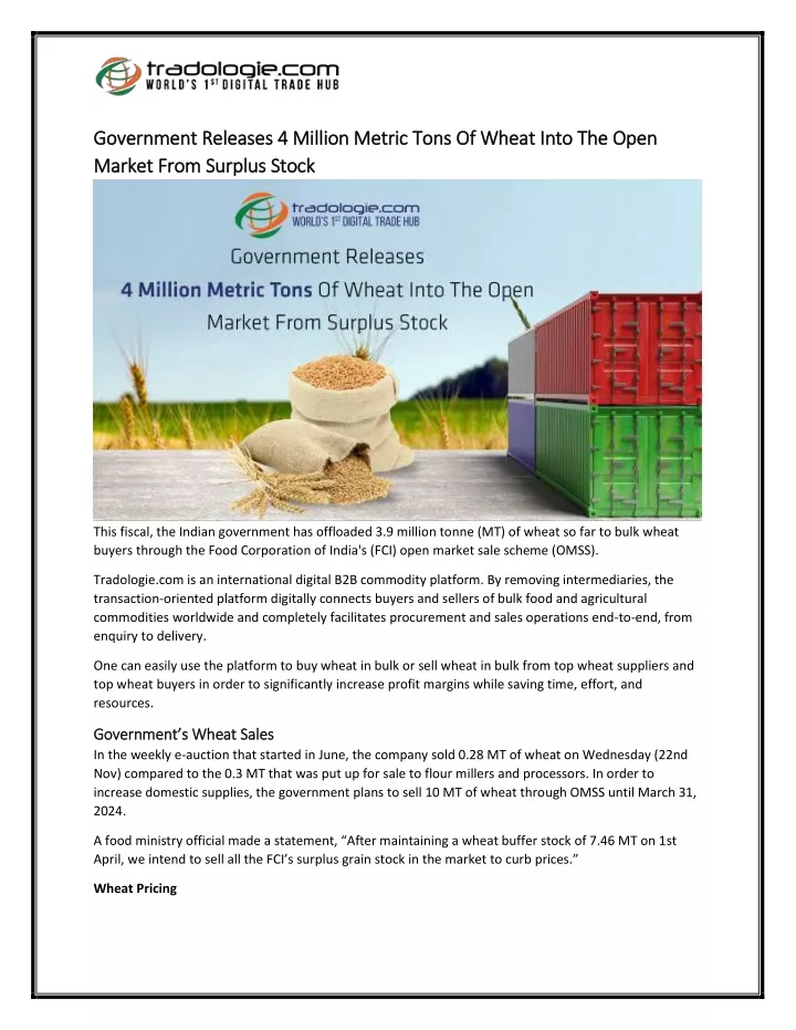 government releases 4 million metric tons