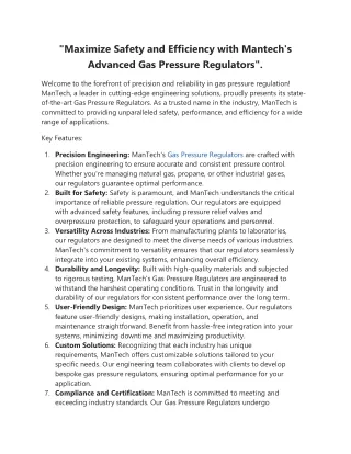 "Maximize Safety and Efficiency with ManTech's Advanced Gas Pressure Regulators"