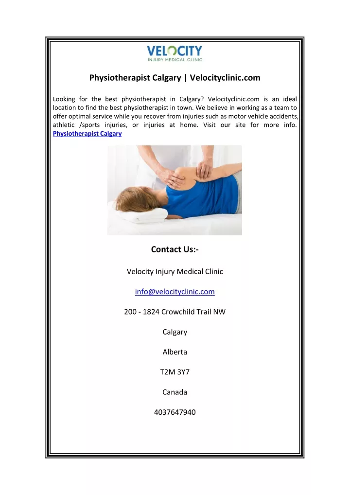 physiotherapist calgary velocityclinic com