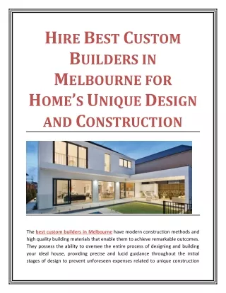 Hire Best Custom Builders in Melbourne for Home’s Unique Design and Construction