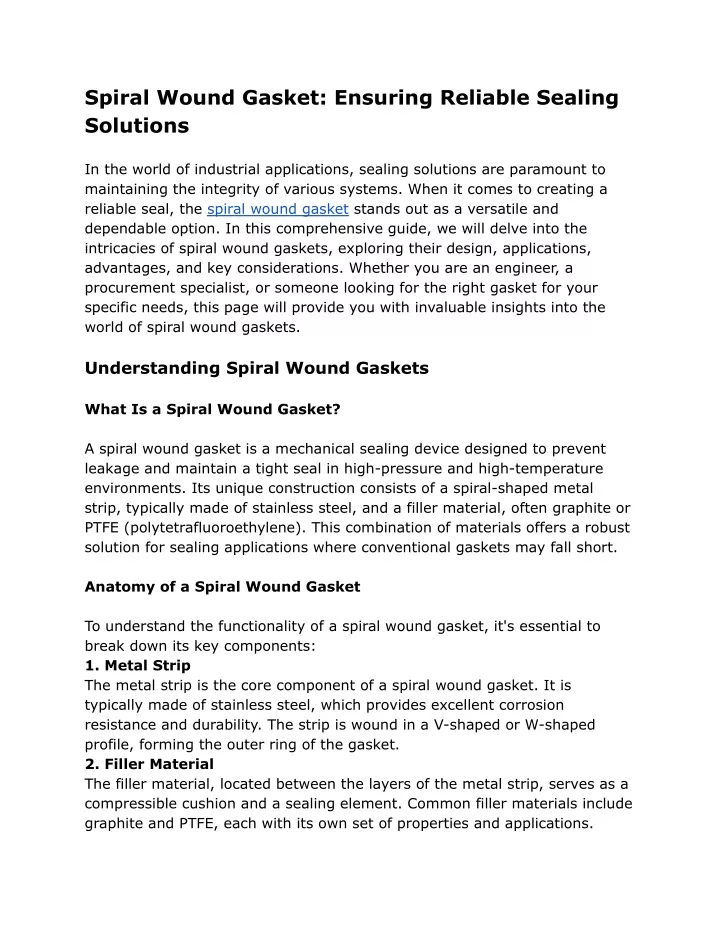 spiral wound gasket ensuring reliable sealing