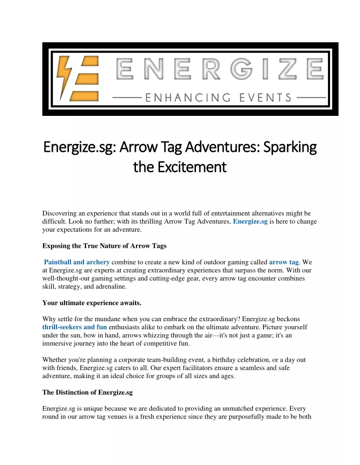 energize sg arrow tag adventures sparking