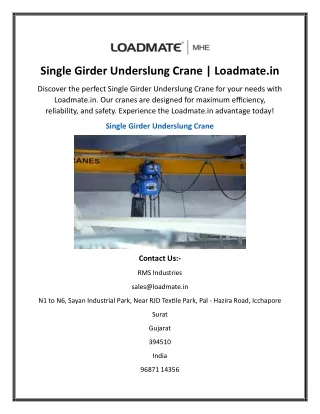 Single Girder Underslung Crane  Loadmate.in