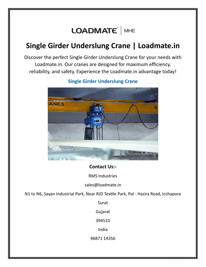 single girder underslung crane loadmate in