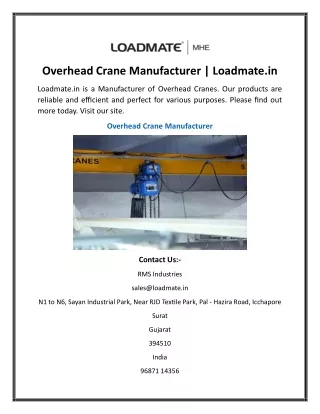 Overhead Crane Manufacturer  Loadmate.in