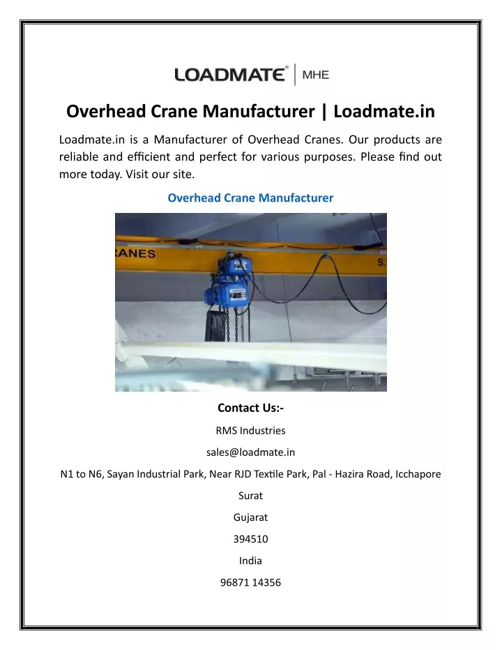 overhead crane manufacturer loadmate in
