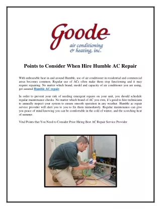 Points to Consider When Hire Humble AC Repair