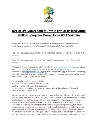 Tree of Life Naturopathics unveils first-of-its-kind virtual wellness program- Power To Be Well Maintain