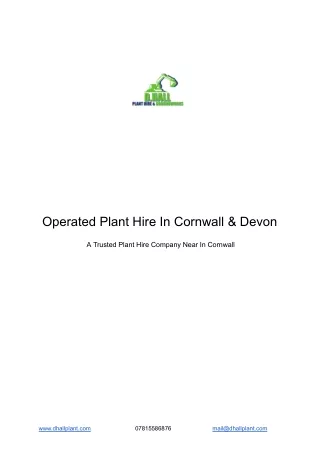 Operated Plant Hire In Cornwall & Devon