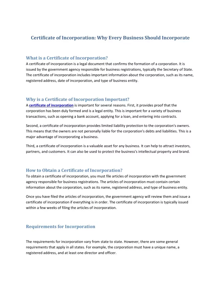 certificate of incorporation why every business