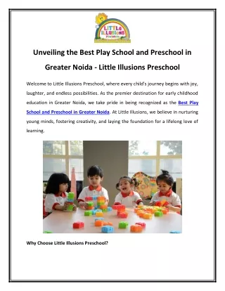 Unveiling the Best Play School and Preschool in Greater Noida - Little Illusions Preschool
