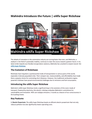 Mahindra Introduces the eAlfa Super Rickshaw
