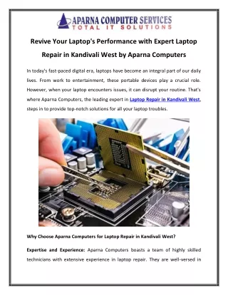 Revive Your Laptop's Performance with Expert Laptop Repair in Kandivali West by Aparna Computers