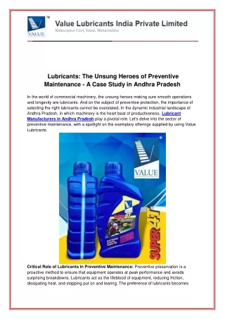 Lubricants The Unsung Heroes of Preventive Maintenance  A Case Study in Andhra Pradesh
