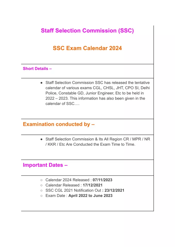 PPT SSC Exam Calendar 2024 PowerPoint Presentation, free download