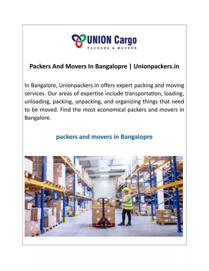 packers and movers in bangalopre unionpackers in