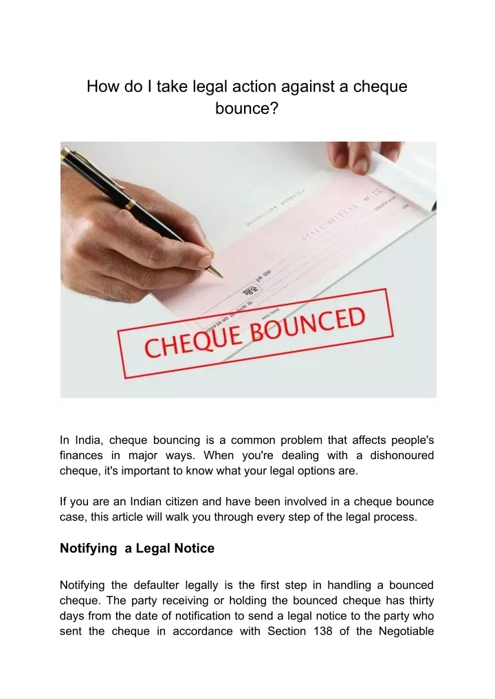 how do i take legal action against a cheque bounce