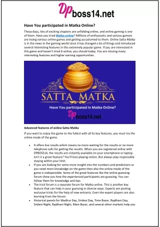 have you participated in matka online