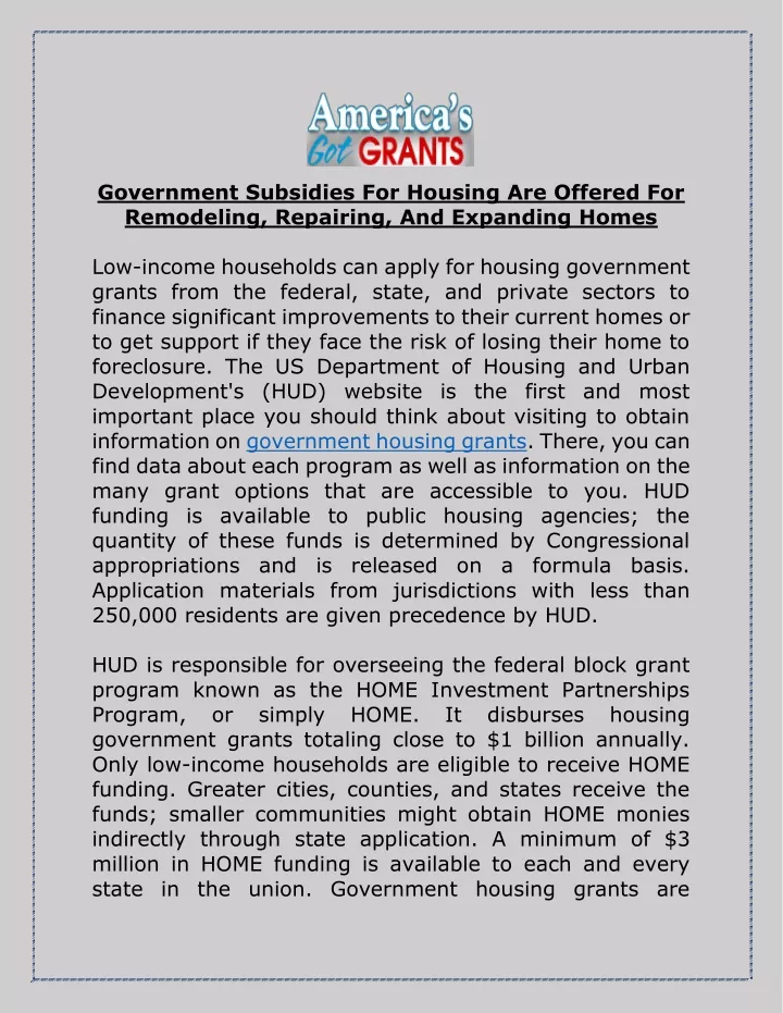 government subsidies for housing are offered