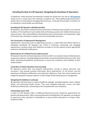Decoding the Role of a BP Operator Navigating the Heartbeat of Operations