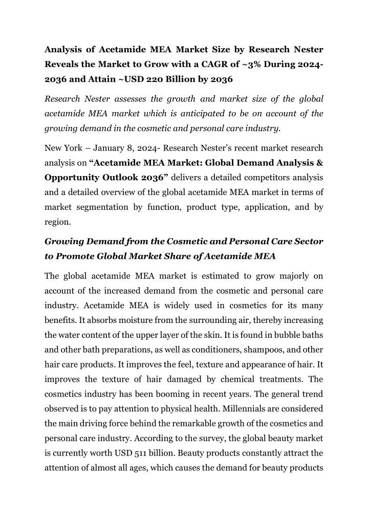 analysis of acetamide mea market size by research