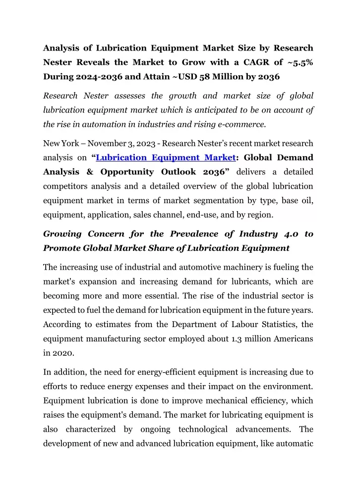 analysis of lubrication equipment market size