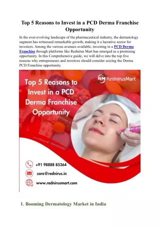 Top 5 Reasons to Invest in a PCD Derma Franchise Opportunity
