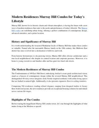 Modern Residences Murray Hill Condos for Today's Lifestyle