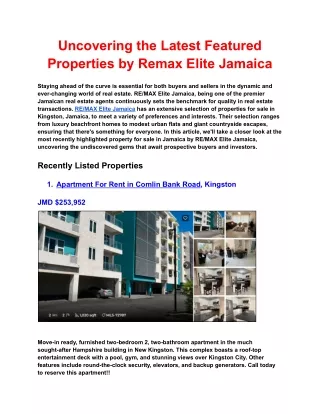 Uncovering the Latest Featured Properties by Remax Elite Jamaica