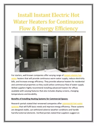 Install Instant Electric Hot Water Heaters for Continuous Flow & Energy