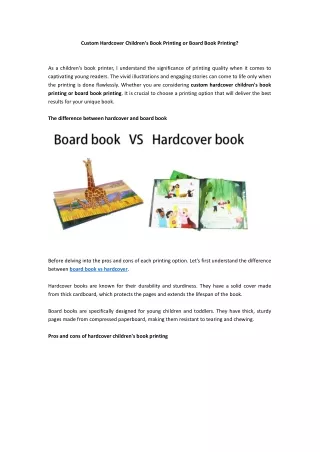 Custom hardcover children's book printing or board book printing