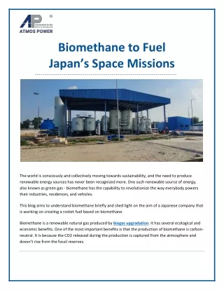Biomethane to Fuel Japan’s Space Missions