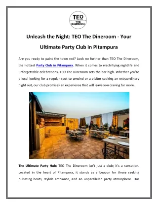 Unleash the Night TEO The Dineroom - Your Ultimate Party Club in Pitampura