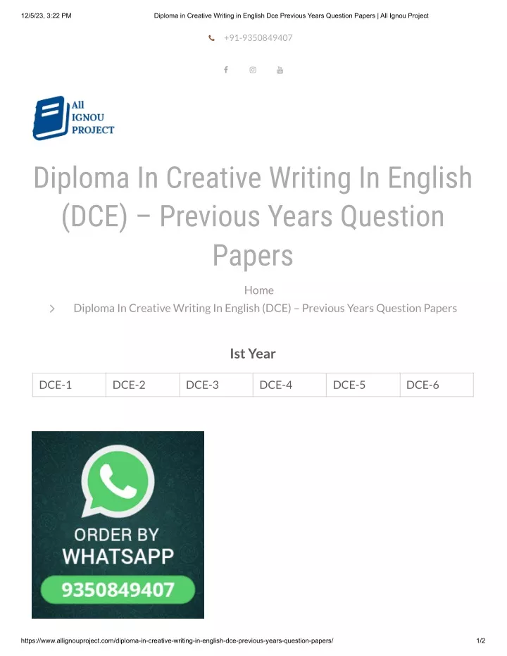 diploma in creative writing in english (dce)
