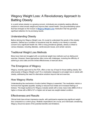 Wegovy Weight Loss: A Revolutionary Approach to Battling Obesity