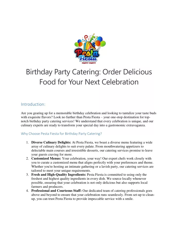 birthday party catering order delicious food