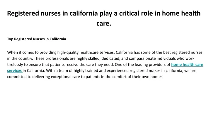 registered nurses in california play a critical role in home health care