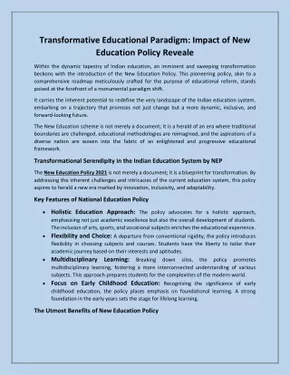 Transformative Educational Paradigm Impact of New Education Policy Reveale