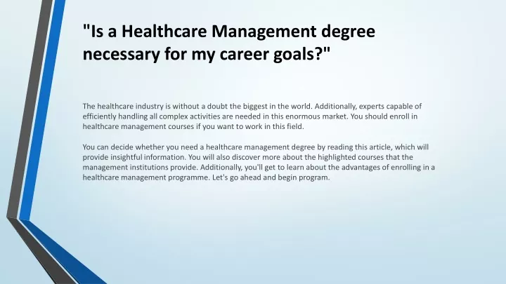 is a healthcare management degree necessary