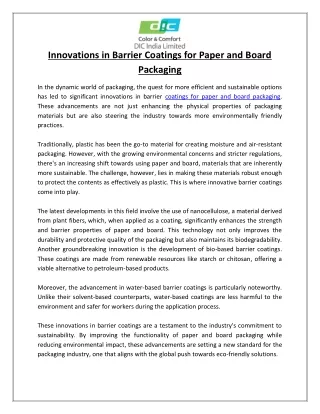 Innovations in Barrier Coatings for Paper and Board Packaging