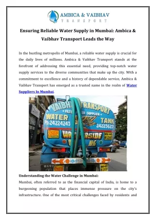 Ensuring Reliable Water Supply in Mumbai Ambica & Vaibhav Transport Leads the Way