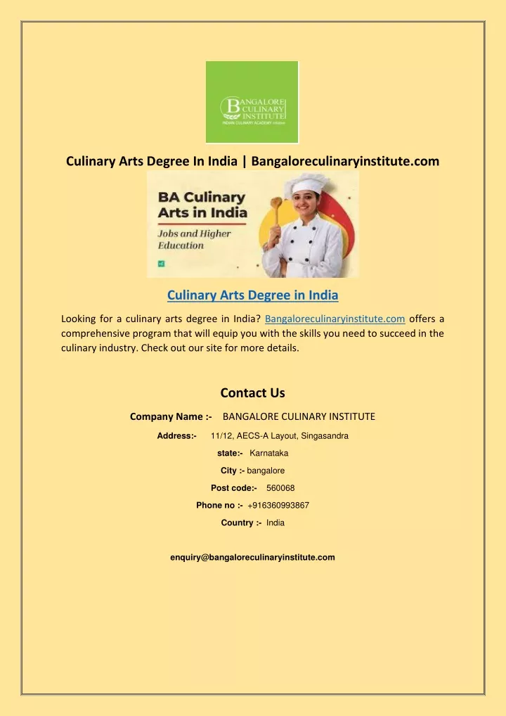 culinary arts degree in india