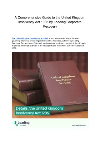 A Comprehensive Guide to the United Kingdom Insolvency Act 1986 by Leading Corporate Recovery