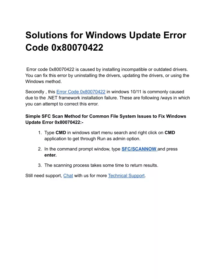 solutions for windows update error code 0x80070422