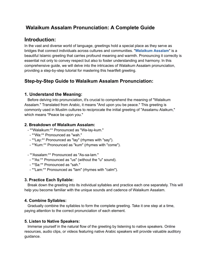 walaikum assalam pronunciation a complete guide