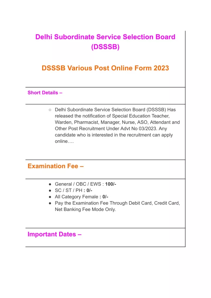 delhi subordinate service selection board dsssb