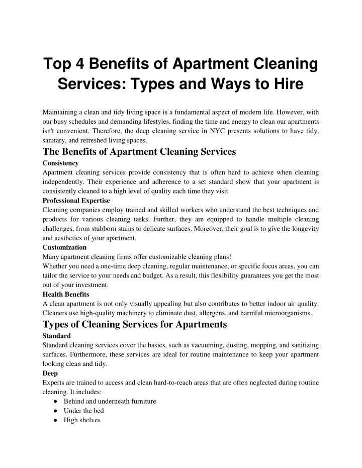 top 4 benefits of apartment cleaning services